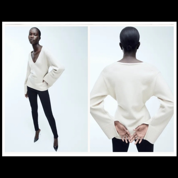 NWOT Zara V Neck Bell Sleeve Sweater - Picture 3 of 5